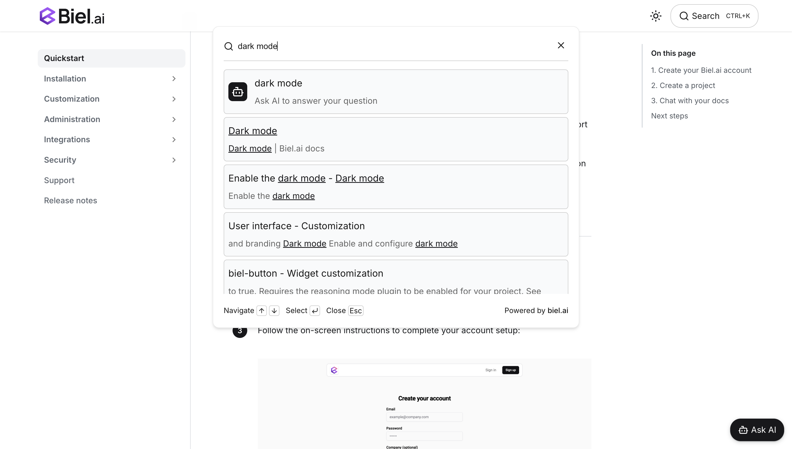 Biel.ai AI chatbot dashboard showing documentation search interface with analytics, customization options, and user interaction insights