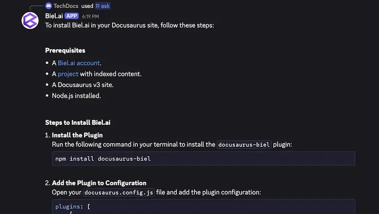 Discord member running /ask and getting an instant docs answer