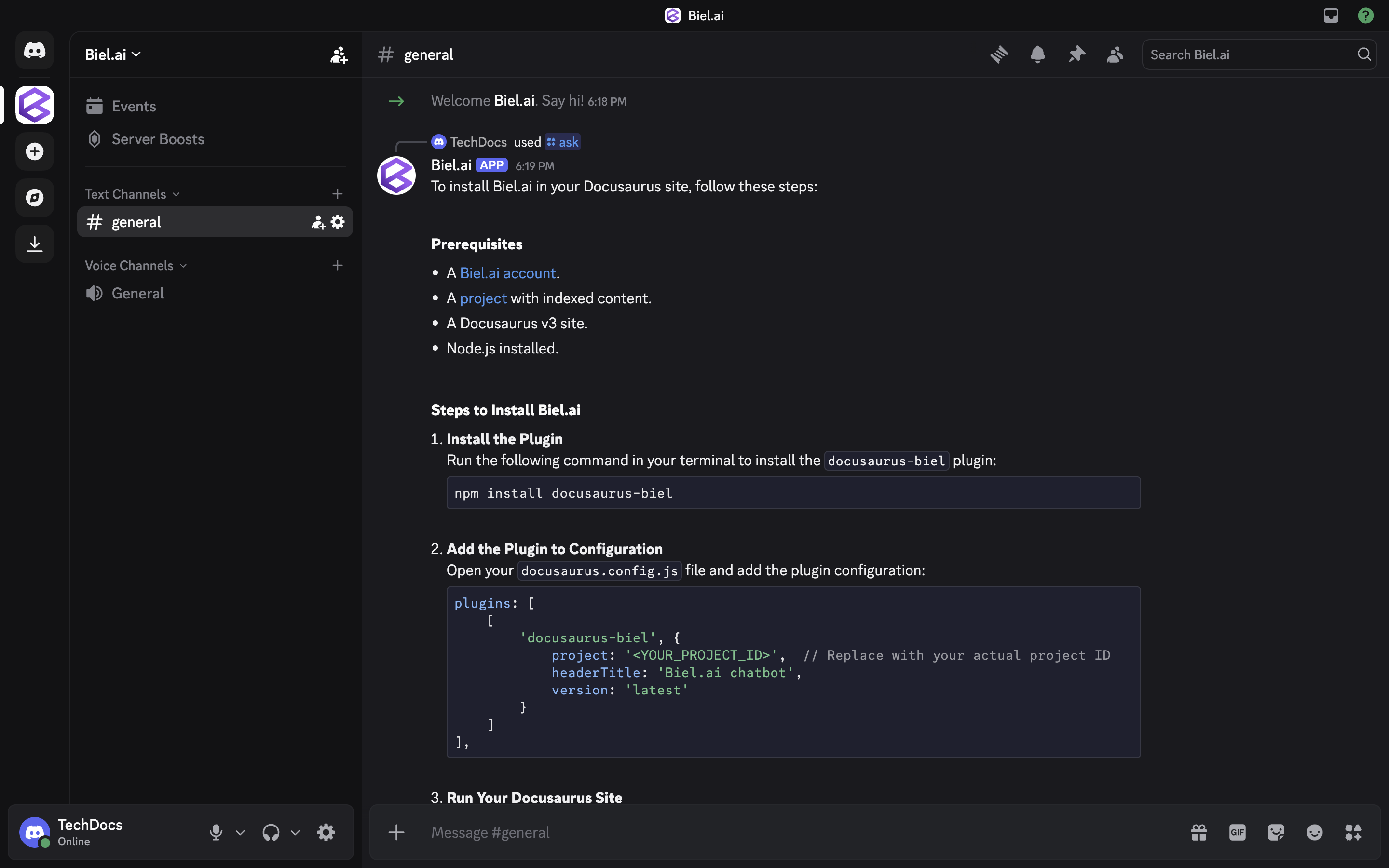 Biel.ai AI chatbot dashboard showing documentation search interface with analytics, customization options, and user interaction insights