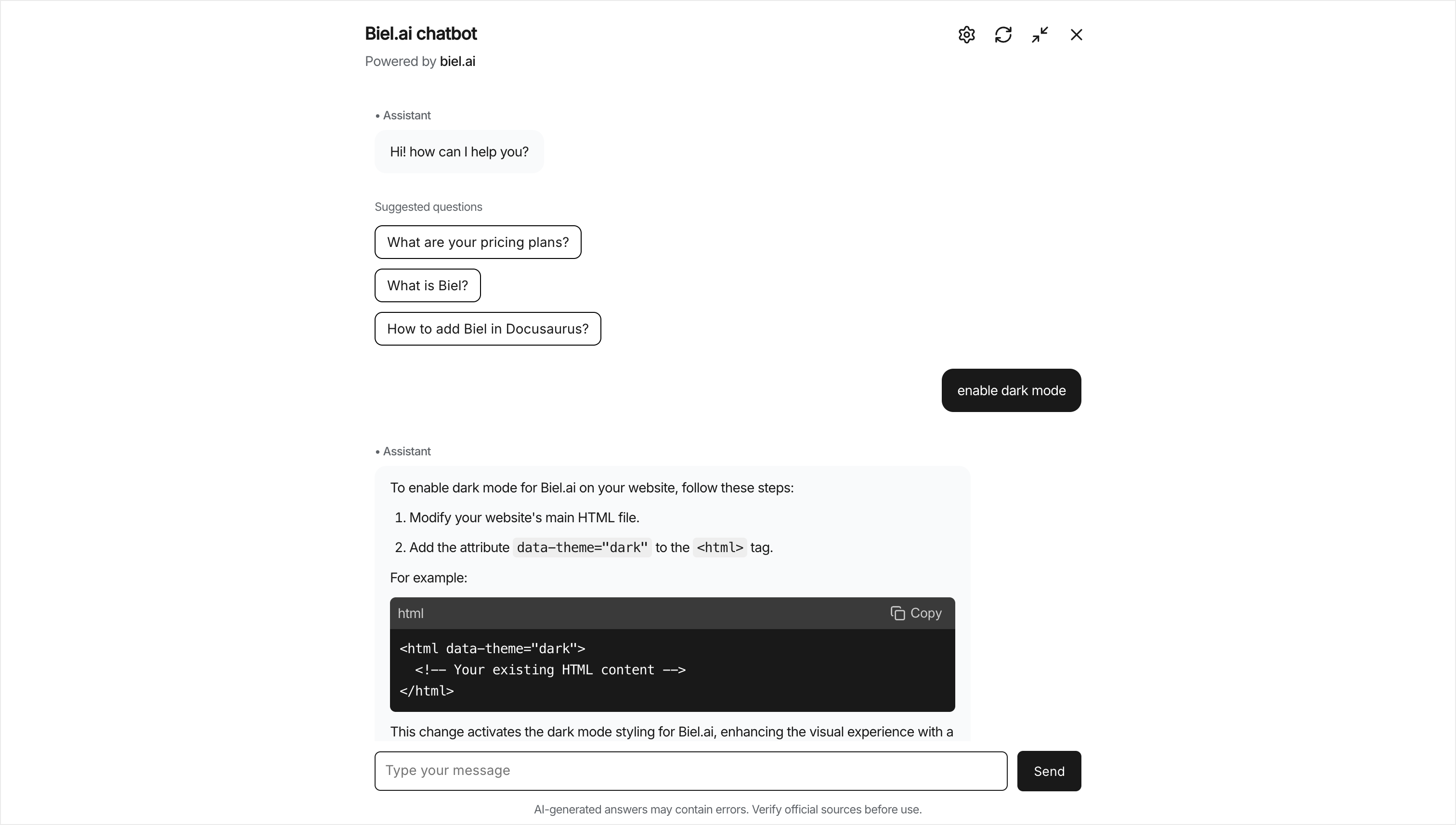 Biel.ai AI chatbot dashboard showing documentation search interface with analytics, customization options, and user interaction insights