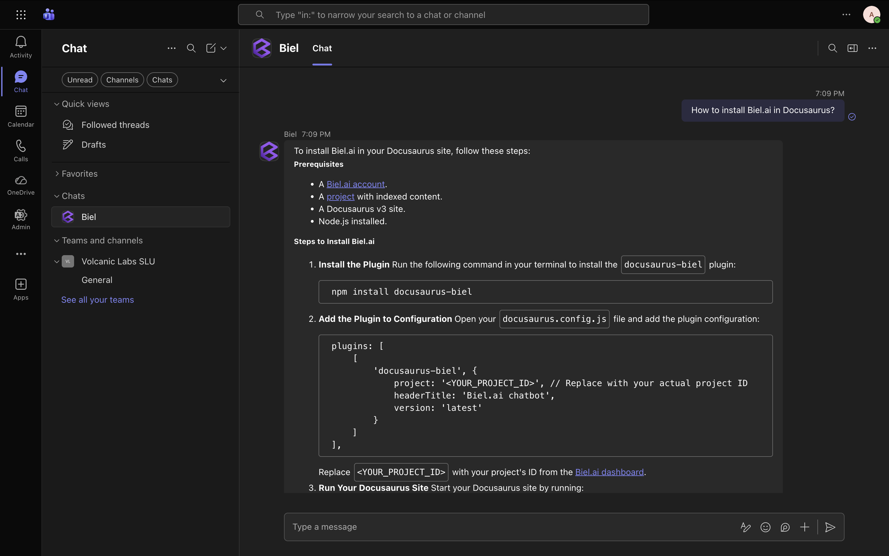 Biel.ai AI chatbot dashboard showing documentation search interface with analytics, customization options, and user interaction insights