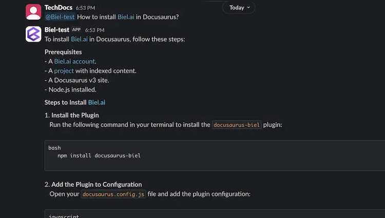 Biel.ai answering questions in Slack channels and DMs