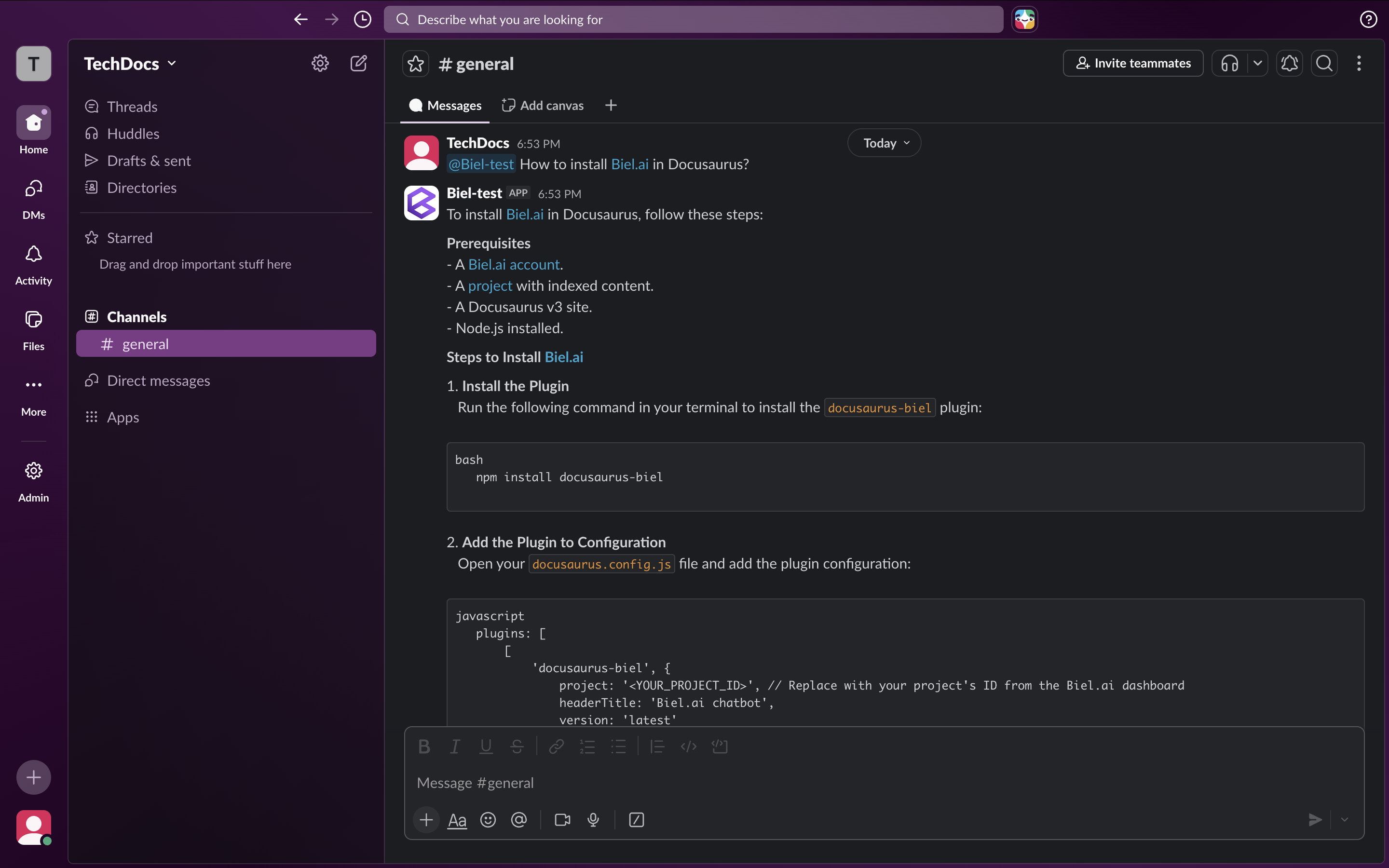 Biel.ai AI chatbot dashboard showing documentation search interface with analytics, customization options, and user interaction insights