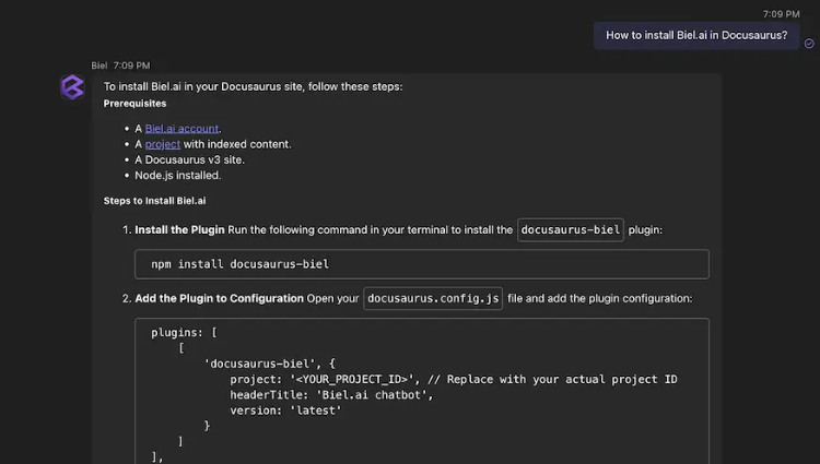 Biel.ai answering a documentation question inside Microsoft Teams
