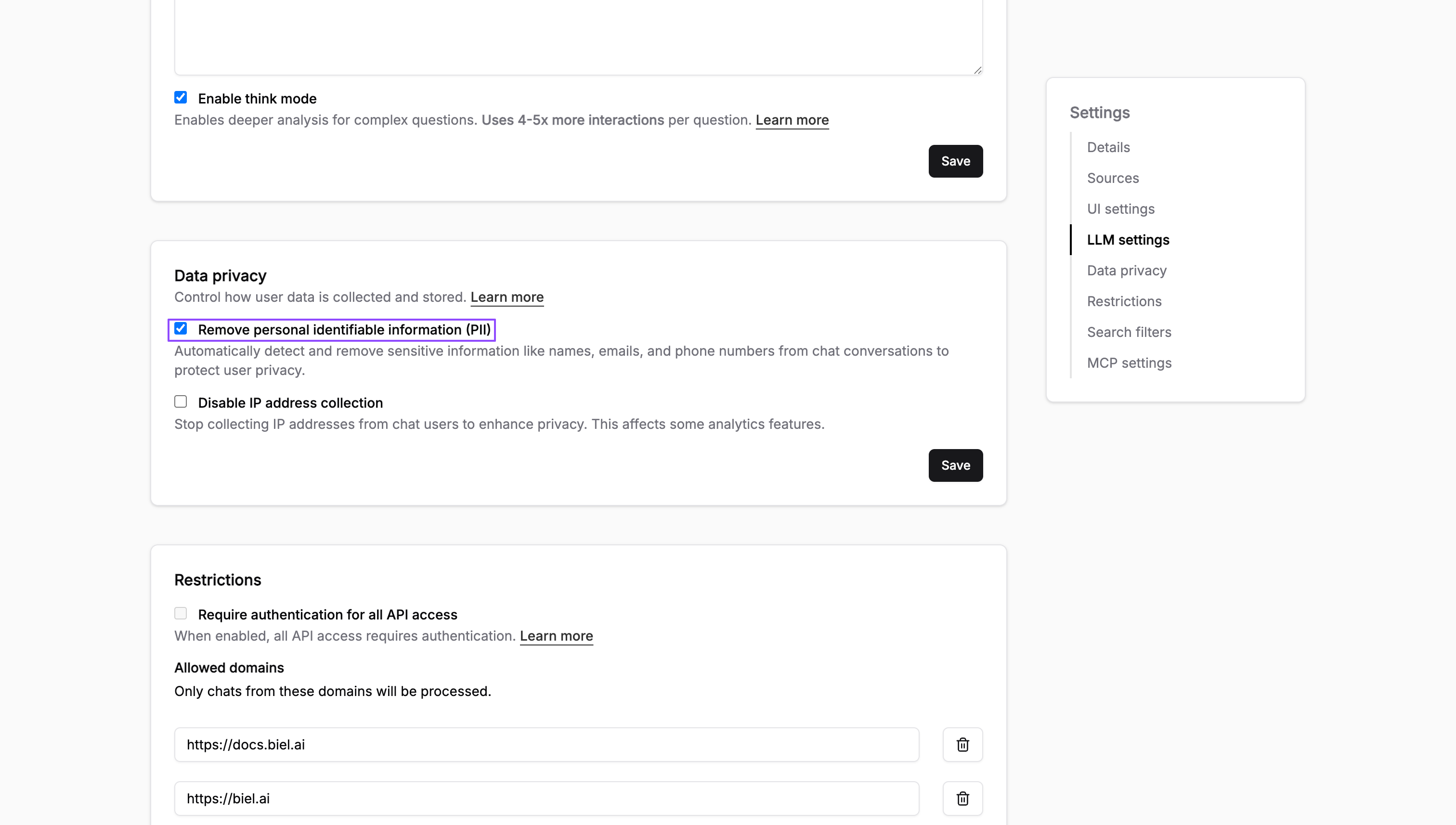Data privacy settings with PII removal and IP logging controls